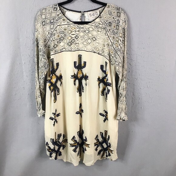 Sea NY Dresses & Skirts - SEA New York Dress Womens 6 Beige Black 100% Silk Gauze Abstract Aztec Southwest
